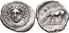 THESSALY, Larissa. Circa 405/0-370 BC. AR Drachm (23mm, 6.13 g, 9h). Head of the nymph Larissa facing slightly left, hair in ampyx / Horse grazing left. L-S group 1, head type 1, dies O4/R3, b (this c