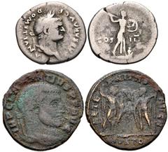 ROMAN. Imperial. Lot of two (2) coins, Domitian and Maxentius. Includes: Domitian, as Caesar. AR Denarius. Rome mint. Struck AD 76-77. Laureate head right / Minerva standing right on capital of prow, 