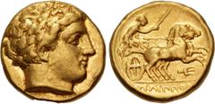 Greek KINGS of MACEDON. temp. Philip II – Alexander III. Circa 340/36-328 BC. AV Stater (16.5mm, 8.58 g, 7h). In the name and types of Philip II. Amphipolis mint. Laureate head of Apollo right / Chari
