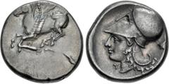 Greek CORINTHIA, Corinth. Circa 350/45-285 BC. AR Stater (20.5mm, 8.51 g, 1h). Pegasos flying left / Helmeted head of Athena left; A below chin, Thessalian helmet to right. Ravel Period V, 1040; Pegas