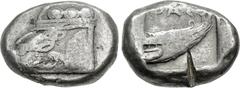 Greek LYCIA, Phaselis. Circa 500-440 BC. AR Stater (21.5mm, 11.00 g, 12h). Prow of galley left in the form of a forepart of a boar / Stern of galley right within incuse square. Heipp-Tamer Series 4, E
