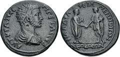 Roman Provincial THRACE, Perinthus. Geta. AD 209-211. Æ Hexassarion (34.5mm, 21.05 g, 12h). Philadelphian Games issue. Radiate, draped, and cuirassed bust right, seen from behind / Caracalla and Geta 