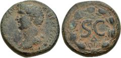 Roman Provincial SELEUCIS and PIERIA, Antioch. Marcus Aurelius. As Caesar, AD 139-161. Æ As (23mm, 11.23 g, 6h). Bareheaded, draped, and cuirrased bust left / S • C; crescent above, Δ below; all withi