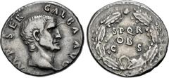 Roman Imperial Galba. AD 68-69. AR Denarius (18.5mm, 3.28 g, 5h). Rome mint. Struck circa July AD 68-January 69. Bare head right / S P Q R/ OB/ C S in three lines within oak wreath. RIC I 167; RSC 287