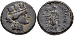 LYDIA, Magnesia ad Sipylum. 2nd-1st centuries BC. Æ (21mm, 10.06 g, 12h). Turreted head of Tyche right / Zeus Lydios standing left, holding eagle and scepter; monogram before. BMC 5; SNG Copenhagen -;