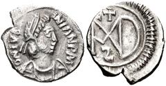 Justinian I. 527-565. AR Half Siliqua (13mm, 1.13 g, 7h). Carthage mint. Struck 537-552. Diademed, draped, and cuirassed bust right / Monogram; cross above, retrograde ς below. DOC -; MIBE 53 var. (ς 