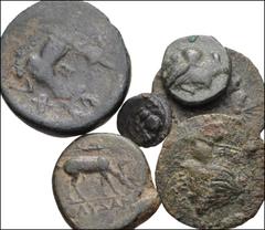 GREEK. Asia Minor. Lot of six (6) bronze coins from Ephesos in Ionia. Includes: Bee / Head of stag right. SNG Kayhan 147-88 // Female head left / Bee. SNG Copenhagen 256 // Lydamias, magistrate. Bee w