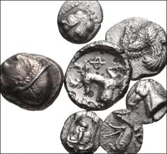 GREEK. Asia Minor. Lot of seven (7) mostly Ionian silver fractions. Includes: IONIA, Ephesos. AR Trihemiobol // IONIA, Kolophon. AR Tetartemorion // IONIA, Miletos. AR 1/32 Stater // IONIA, Phokaia. A