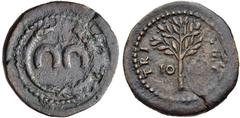 Anonymous issues. temp . Domitian, AD 81-96. Æ Tessera (19mm, 3.21 g, 12h). Two horseshoes within serpent-headed torque / TRI-VMP, IO-[IO] across field, olive-branch. BMCRE p. 412, note 7; Göbl, Antik