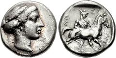 THESSALY, Larissa. Circa 410-405 BC. AR Drachm (18mm, 5.99 g, 12h). Head of the nymph Larissa right, hair in sakkos / Thessalos standing right in background, wearing chlamys and petasos, restraining h