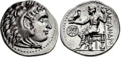 KINGS of MACEDON. Demetrios I Poliorketes. 306-283 BC. AR Drachm (18mm, 4.19 g, 12h). In the name and types of Alexander III. Miletos mint. Struck circa 295/4 BC. Head of Herakles right, wearing lion 