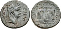 IONIA, Ephesus. Nero. AD 54-68. Æ (27mm, 11.74 g, 1h). Marcus Acilius Aviola, proconsul; Aechmocles, magistrate. Struck AD 65-66. Laureate head right / Three-quarter view of temple. RPC 2626; SNG Münc