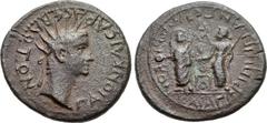 LYDIA, Magnesia ad Sipylum. Gaius (Caligula), with Germanicus and Agrippina Senior. AD 37-41. Æ (20mm, 3.53 g, 11h). Radiate head of Gaius right / Germanicus, wearing a toga capite velato , standing f