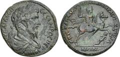 LYDIA, Nicaea. Septimius Severus. AD 193-211. Æ (35mm, 23.24 g, 6h). Scaplabtus Iula, archon. Laureate, draped, and cuirassed bust right / Severus right on horseback, preparing to spear kneeling capti