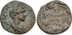LYDIA, Philadelphia. Plotina. Augusta, AD 105-123. Æ (19mm, 4.46 g, 12h). Draped bust right / ΦI/ΛAΔЄ/ΛΦЄ/ΩN within laurel wreath. SNG München 421 var. (distribution of ethnic); SNG von Aulock -; BMC 