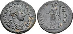 LYDIA, Thyateira. Severus Alexander. As Caesar, AD 222. Æ (26mm, 6.74 g, 6h). Laureate, draped, and cuirassed bust right / ΘVA T[ЄI]P HNΩN, Athena standing left, holding phiale and spear; shield leani