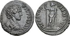LYDIA, Tralles. Marcus Aurelius. As Caesar, AD 139-161. Æ (24mm, 7.15 g, 12h). Halys, magistrate. Bareheaded, draped, and cuirassed bust right / Female figure standing facing, head left, leaning on sc