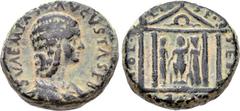 JUDAEA, Sebaste. Julia Soaemias. Augusta, 218-222 CE. Æ (23mm, 12.66 g, 8h). Draped bust right / Capitoline Triad (Juno, Jupiter, and Athena) standing within tetrastyle temple façade; wreath in pedime