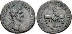 Nerva. AD 96-98. Æ Sestertius (34mm, 27.58 g, 12h). Rome mint. Struck AD 97. Laureate head right / Clasped hands; behind, aquila set on prow. RIC II 80; Banti 7. Good VF, mottled red-brown and gray pa