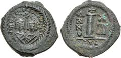 Revolt of the Heraclii. 608-610. Æ Decanummium (18mm, 3.55 g, 12h). Uncertain mint in Cyprus. Dated IY 14 (immobilized). Facing draped busts of Heraclius and the Exarch Heraclius; cross between / Larg