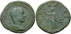 Gordian I. AD 238. Æ Sestertius (31mm, 19.08 g, 12h). Rome mint. Laureate, draped, and cuirassed bust right / Gordian standing left, holding branch and parazonium. RIC IV 7; BMCRE 4; Banti 1. Near VF,