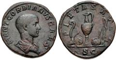 Gordian III. As Caesar, AD 238. Æ Sestertius (29mm, 22.36 g, 12h). Rome mint. 1st emission of Balbinus and Pupienus. Bare headed and draped bust right / Priestly implements: lituus, knife, patera, jug