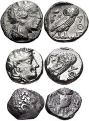 GREEK. Miscellaneous. Lot of three (3) silver coins from Attica to Arabia. Includes: ATTICA, Athens. 454-404 BC. AR Tetradrachm. Helmeted head of Athena right / Owl standing right, head facing; olive 
