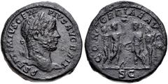Geta. AD 209-211. Æ Sestertius (31mm, 29.66 g, 12h). Rome mint. Struck AD 211. Laureate head right / Caracalla and Geta in military dress, each holding a spear, standing vis-à-vis and clasping right h