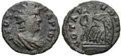 Festival of Isis. Mid 4th century AD. Æ (14mm, 0.98 g, 12h). DEO SA-RAPIDI, radiate and draped bust of Sol-Serapis right, wearing modius / VOTA P-VBLI[CA], Isis standing right, head left, on galley, h