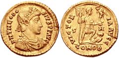 Theodosius I. AD 379-395. AV Solidus (21mm, 4.37 g, 5h). Uncertain military mint. Struck circa AD 393-395. Rosette-diademed, draped, and cuirassed bust right / Theodosius standing right, left foot on 