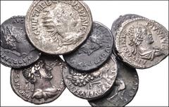 ROMAN. Imperial. Lot of nine (9) mostly AR Denarii from Vespasian to Trebonianus Gallus. All denarii unless otherwise noted. Vespasian // Hadrian (3) // Marcus Aurelius // Septimius Severus // Caracal