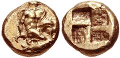 MYSIA, Kyzikos. 5th-4th centuries BC. EL Hemihekte – 1/12 Stater (8mm, 1.32 g). Perseus, nude but for cloak tied around neck, kneeling right, head left, holding harpa and head of the Medusa; below, tu