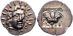 ISLANDS off CARIA, Rhodos. Rhodes . Circa 125-88 BC. AR Hemidrachm (13mm, 1.11 g, 12h). ‘Plinthophoric’ coinage. Apollonios, magistrate. Radiate head of Helios facing, slightly right / Rose with bud t