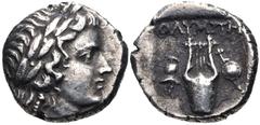 LYCIA, Olympos. Circa 84-77 BC. AR Drachm (13mm, 2.93 g, 1h). Pseudo-Lycian League coinage. Laureate head of Apollo right, bow and quiver over shoulder / Kithara; helmet to left, sword and shield to r