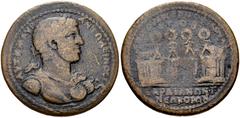 LYDIA, Sardis. Elagabalus. AD 218-222. Æ Medallion (40mm, 28.78 g, 6h). Hermaphilos, magistrate. Laureate bust right wearing aegis / Four temples, each with a wreath above. Cf. BMC 171 = Burrell p. 11