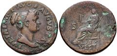 Julia Titi. Augusta, AD 79-90/1. Æ Dupondius (27mm, 11.40 g, 6h). Rome mint. Struck under Titus, AD 80-81. Draped bust right / Vesta seated left, holding palladium and scepter. RIC II 398 (Titus). Goo