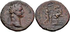 Domitian. AD 81-96. Æ Sestertius (36mm, 24.79 g, 6h). Rome mint. Struck AD 88. Laureate head right / Domitian seated left on platform inscribed SVF P D, extending hand to citizen standing right, who i