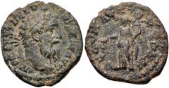 Pertinax. AD 193. AR Denarius (18mm, 3.17 g, 1h). Rome mint. Laureate head right / Aequitas standing left, holding scales and cornucopia. RIC IV 1a; RSC 2. VF, thick heavy find patina giving coin the 