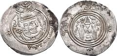 Arab-Sasanian coinage. 'Abd Allāh ibn al-Zubayr. Rival Caliph, AH 60-73 / AD 680-692. AR Drachm (31mm, 4.15 g, 3h). DA (Dārābgerd) mint. Dated YE 60 (AH 71/2 / AD 691/2). Crowned Sasanian-style bust r