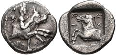 THESSALY, Larissa. Circa 460-420 BC. AR Hemidrachm (15mm, 2.71 g, 11h). Hero right, wearing petasos, holding a band passing around the head of a bull’s forepart to right / Forepart of bridled horse ru