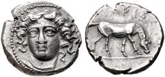 THESSALY, Larissa. Circa 380-365 BC. AR Drachm (19mm, 5.99 g, 3h). Head of the nymph Larissa facing slightly left, hair in ampyx / Horse standing right, grazing. L-S head type 27 (O130/R1); BCD Thessa