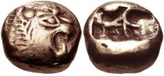 KINGS of LYDIA. Alyattes. Circa 610-560 BC. EL Trite (12mm, 3.68 g). Sardes mint. Head of roaring lion right, chevron-style mane; sun on forehead / Two incuse square punches. Weidauer 64. VF.