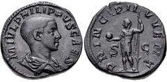 Philip II. As Caesar, AD 244-247. Æ Sestertius (28mm, 22.58 g, 12h). Rome mint, 3rd officina. 5th emission of Philip I, AD 246. Bareheaded and draped bust right / Philip II standing left, holding glob