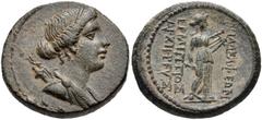 LYDIA, Philadelphia. 2nd-1st centuries BC. Æ (19mm, 7.02 g, 12h). Hermippos, son of Hermogenes, archieros. Draped bust of Artemis right, bow and quiver over shoulder / Apollo standing right, holding l