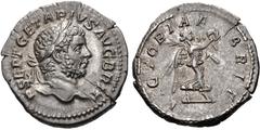 Geta. AD 209-211. AR Denarius (19mm, 3.20 g, 6h). Rome mint. Struck AD 210-211. Laureate head right / VICTORIAE BRIT, Victory advancing right, holding wreath and palm. RIC IV 91; RSC 220. Good VF, ton