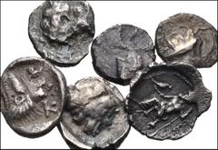 GREEK. Miscellaneous. Lot of six (6) silver fractions. Includes: KINGS of MACEDON, Alexander III (or his successors). AR Obol // MYSIA, Kyzikos. AR Obol // SAMARIA. AR Hemiobol. Forepart of lion right