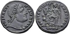 Constantine I. AD 307/310-337. Æ Follis (18mm, 2.91 g, 12h). Constantinople mint, 2nd officina. Struck AD 328. Laurel and rosette-diademed head right, looking upwards / Victory seated left on cippus, 