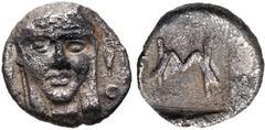 IONIA, Kolophon. Circa 500-450 BC. AR Hemiobol (8mm, 0.50 g, 12h). Facing head of Apollo / HM monogram (= hemiobol ) within incuse square. Milne, Colophon 4; SNG Copenhagen -; SNG München 532 var. (sl