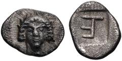 IONIA, Kolophon. Circa 500-450 BC. AR Tetartemorion (7mm, 0.23 g, 3h). Facing head of Apollo / TE monogram (= tetartemorion ) within incuse square. Milne, Colophon 10; SNG Copenhagen 133-4 var. (monog