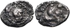 DYNASTS of LYCIA. Ddenewele. Circa 420/10-400 BC. AR Obol (11mm, 0.61 g, 12h). Helmeted head of Athena right / Head of Satrap right, wearing Persian tiara. Falghera - (but cf. 177 for stater); SNG Cop